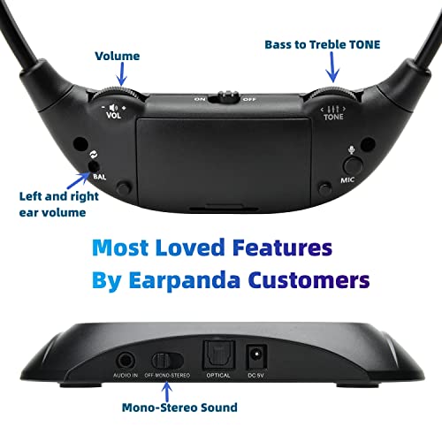 אוזניות טלוויזיה אלחוטיות של Earpanda לקשישים | צלול חזק יותר, טווח ארוך 100ft, התאמת נפח שמאל/ימין